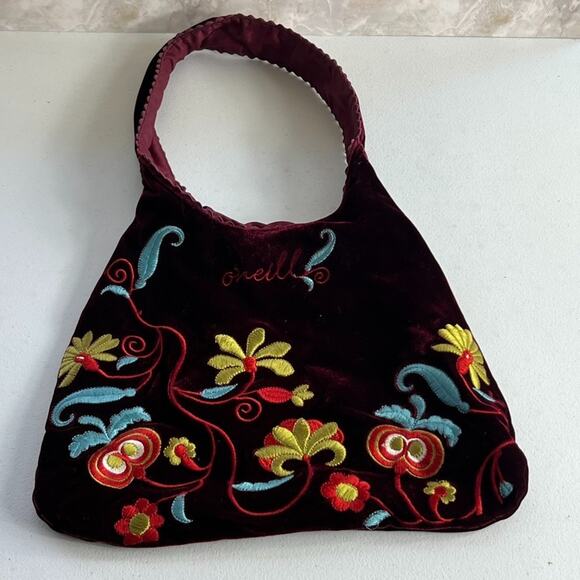 O'Neill Handbags - Vintage Oneill Shoulder Purse Maroon Velvet Multicolor Embroidered Flowers